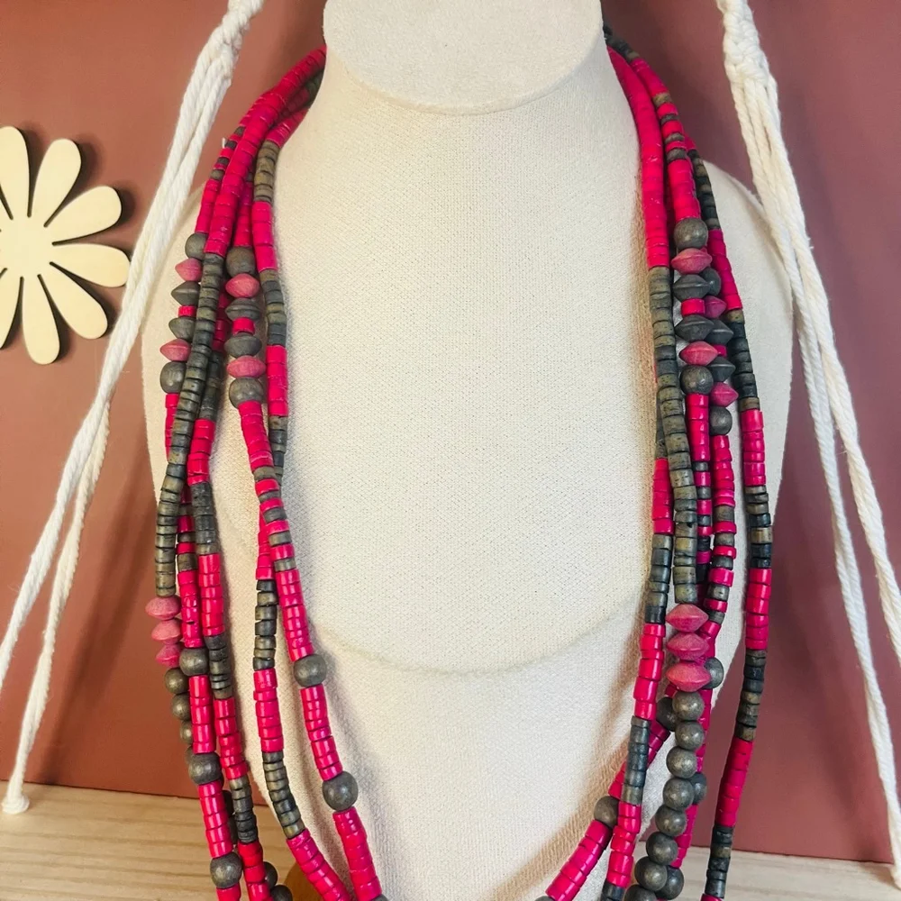 Vintage Heishe Beaded Boho Chic Necklace Pink Layered Eclectic Statement‎ Style